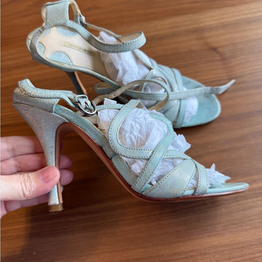 Vintage Max Studio Strappy Aqua Sparkle Green Stiletto Heels 6.5